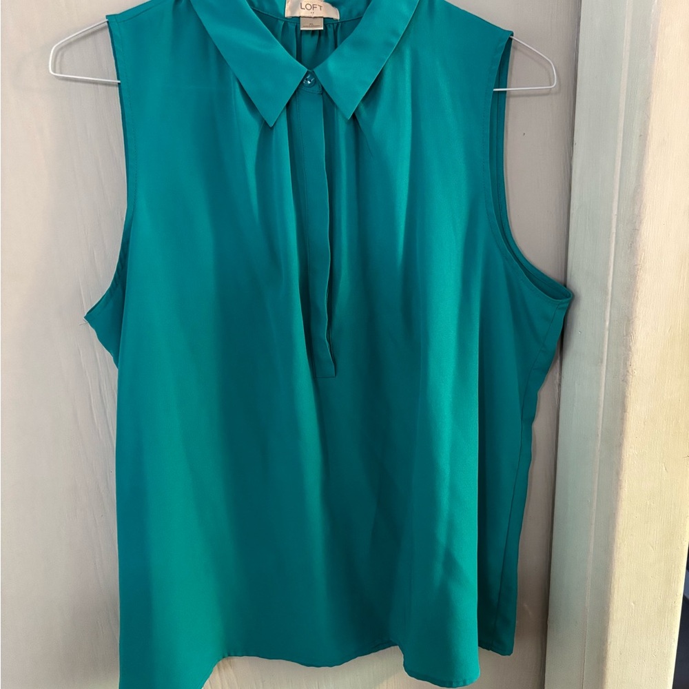 LOFT Blue and Green Blouse with Dress Shirt Collar